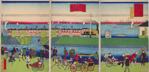 Utagawa Hiroshige III: Steam Locomotive Train Running near the Sea at Shinagawa, Tokyo — 東京品川海辺蒸気車鉄道之真景 - Japanese Art Open Database
