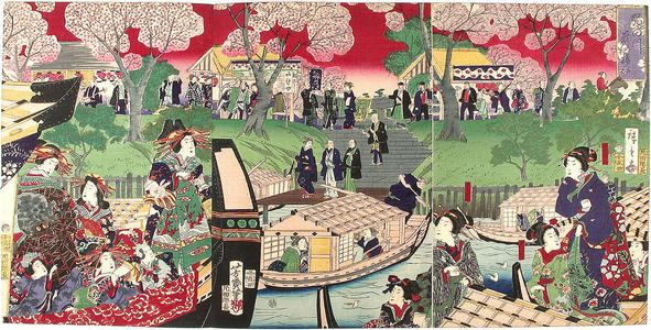 Hiroshige 3 and Yoshiiku: Sumida river crowded with cherryblossom viewers - Japanese Art Open Database