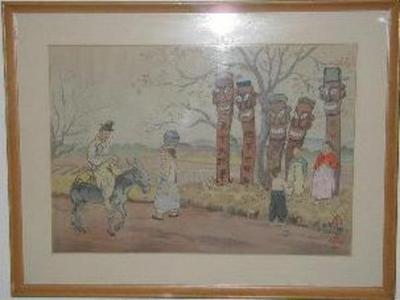 Hiyoshi Mamoru (a.c. 1950s)による浮世絵「Totem Poles, Korea」