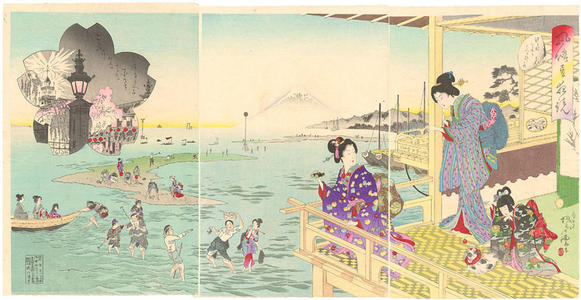 Hokyoun: Women on a balcony viewing Mt Fuji and people digging clams - Japanese Art Open Database