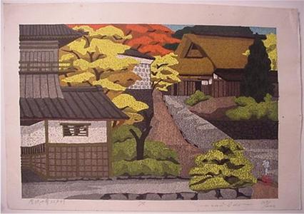 前田政雄: Unknown- traditional Japanese houses amid autumn trees - Japanese Art Open Database