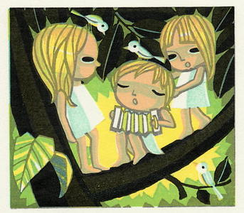 Ikeda Shuzo: Unknown, children, birds, singing in tree - Japanese Art Open Database