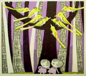 Ikeda Shuzo: Untitled- forest, trees, birds, two children - Japanese Art Open Database