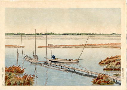 風光礼讃: Fishing Boats on River - Japanese Art Open Database