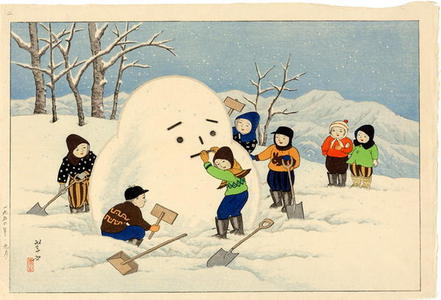 逸見享: Children making a Snowman in the Northeast District - Japanese Art Open Database