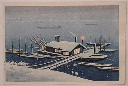 Henmi Takashi: Ferry in Snow at Akabane, Tokyo - Japanese Art Open Database