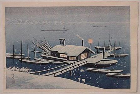 逸見享: Ferry in Snow at Akabane, Tokyo - Japanese Art Open Database