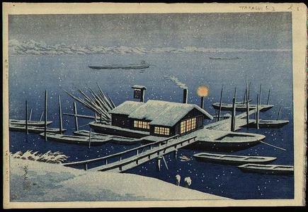 逸見享: Ferry in Snow at Akabane, Tokyo - Japanese Art Open Database