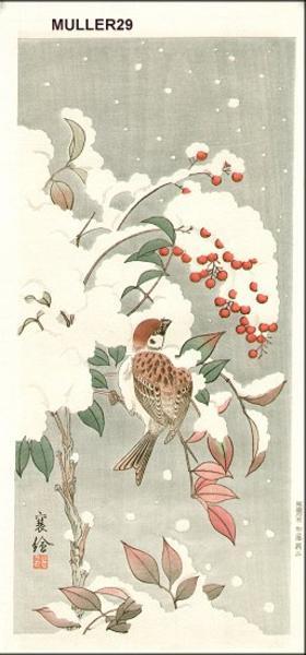 Jo: Sparrow in snow - Japanese Art Open Database