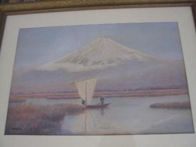 K N Min: Fuji with reed lake and sailboat - Japanese Art Open Database