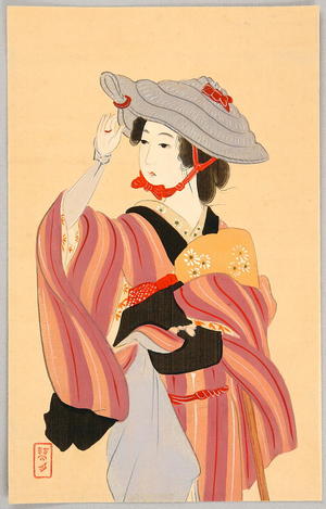 Japanese Print "Beauty with Hat" by Kaichi Kobayashi (fl. ca. 1930)