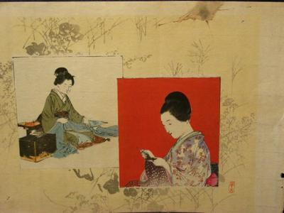 梶田半古: Women sewing — 仕立てる女 - Japanese Art Open Database
