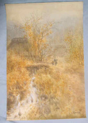 Kaneko T: Farmhouse by stream in autumn - Japanese Art Open Database