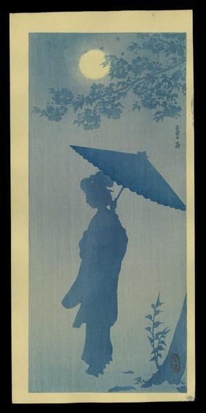 笠松紫浪: Beauty with Umbrella in the Moonlight - Japanese Art Open Database