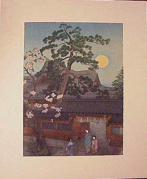 笠松紫浪: Moonrise At Nezu Gongen Shrine — 月の出 根津権現 - Japanese Art Open Database