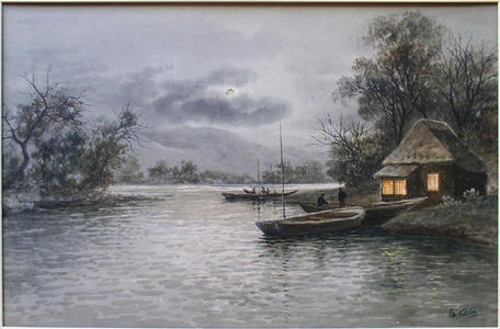 Kato Eika: Boats on river at night - Japanese Art Open Database