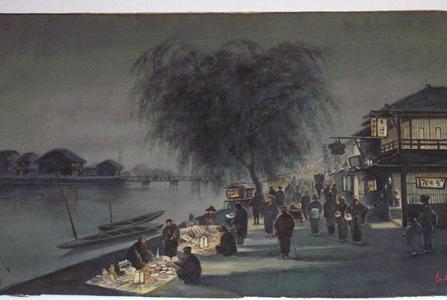 Kato Eika: Night market river scene - Japanese Art Open Database