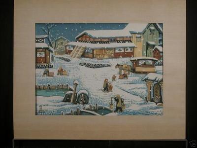 Katsuhira Tokushi: Town snow scene - Japanese Art Open Database