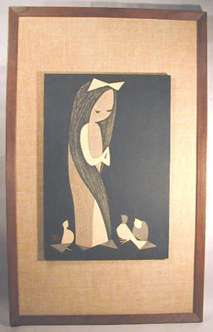 Kawano Kaoru: Doves and Girl - Japanese Art Open Database