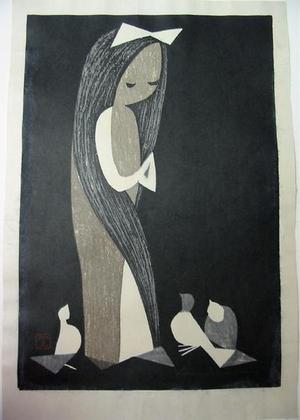 Kawano Kaoru: Doves and Girl - Japanese Art Open Database