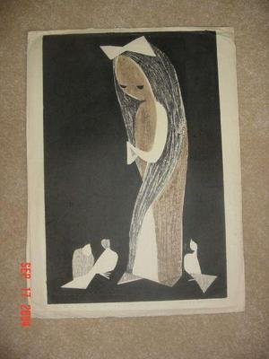 Kawano Kaoru: Doves and Girl- LE - Japanese Art Open Database