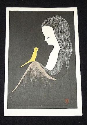 河野薫: Woman and bird, Yellow canary - Japanese Art Open Database