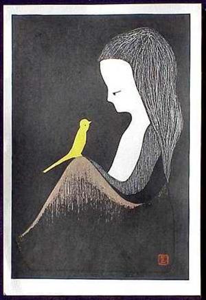 河野薫: Woman and bird, Yellow canary - Japanese Art Open Database