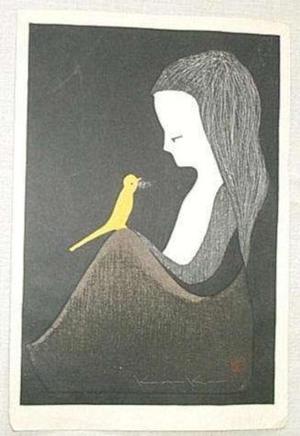 Kawano Kaoru: Woman and bird, Yellow canary - Japanese Art Open Database