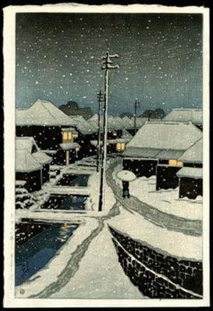 川瀬巴水: Evening Snow at Terajima Village - Japanese Art Open Database