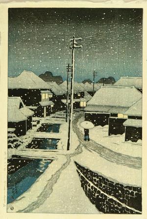 川瀬巴水: Evening Snow at Terajima Village - Japanese Art Open Database
