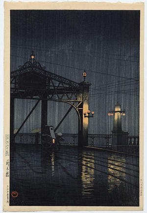 川瀬巴水: Night Rain on Shinohashi Bridge - Japanese Art Open Database