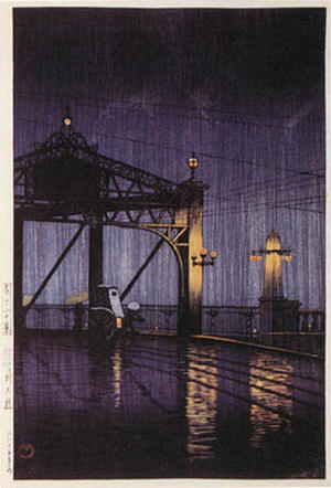 川瀬巴水: Night Rain on Shinohashi Bridge - Japanese Art Open Database