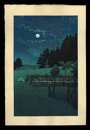 川瀬巴水: Moon over Akebi Bridge - Japanese Art Open Database