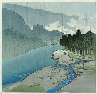 川瀬巴水: Rain at Okutama River - Japanese Art Open Database