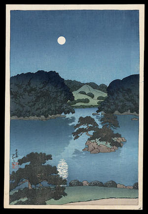 川瀬巴水: Moonlit Night- Daisensui Pond - Japanese Art Open Database