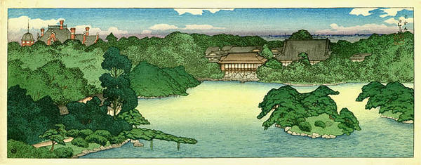 川瀬巴水: Panoramic view of Iwasaki Family Villa — 大泉水の全景 - Japanese Art Open Database