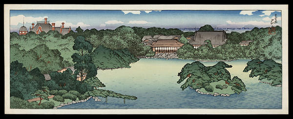 川瀬巴水: Panoramic view of Iwasaki Family Villa — 大泉水の全景 - Japanese Art Open Database