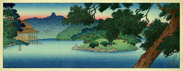 Kawase Hasui: Restaurant at the edge of Matsu Pond — 松の池畔の料亭 - Japanese Art Open Database