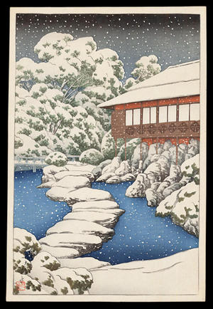 川瀬巴水: Snow at a Guest House on Ponds Edge - Japanese Art Open Database