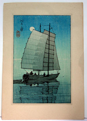 川瀬巴水: Boat in Sunset- night — 帆かけ舟 - Japanese Art Open Database