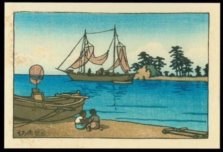 川瀬巴水: Children next to a small boat near the waterside - Japanese Art Open Database