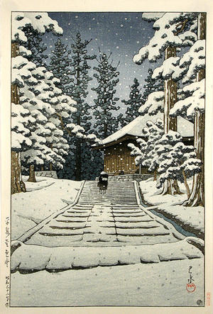 川瀬巴水: Konjikido in Snow, Hiraizumi — 平泉金色堂 絶筆 - Japanese Art Open Database