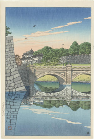 川瀬巴水: Morning at Nijubashi Bridge - Japanese Art Open Database