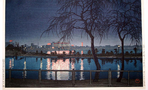 川瀬巴水: Night at the Pond Edge- Shinobazu Pond — 夜の池畔（不忍池） - Japanese Art Open Database