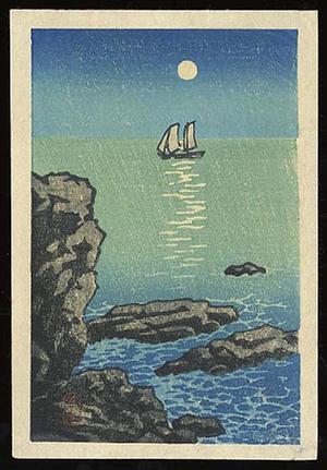 川瀬巴水: Night moon sailboat sea - Japanese Art Open Database