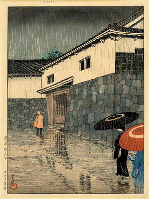 川瀬巴水: Rain at Uchi-Yamashita, Okayama - Japanese Art Open Database