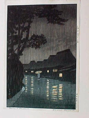 Kawase Hasui: Rainy Night at Maekawa — 相州前川の雨 - Japanese Art Open Database