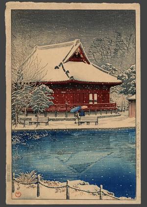川瀬巴水: Snow at Shinobazu Benten Shrine - Japanese Art Open Database