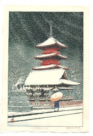 川瀬巴水: Snow at Ueno Toshogu Shrine - Japanese Art Open Database