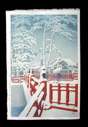 川瀬巴水: Snow at Yagumobashi Bridge, Nagata — Kobe Nagata Jinja Yagumobashi - Japanese Art Open Database